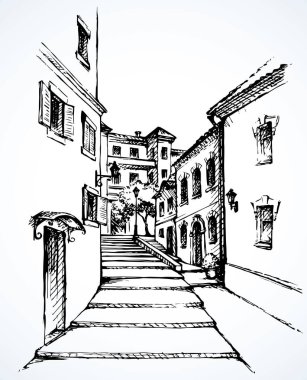 Küçük romantik kırsal bölge manzaralı ortaçağ sokağı. Kırsal sahne kâğıdı resim tasarımı için çizilmiş siyah mürekkepli kalem el. Doodle sanat gravür stili metin alanı. Beyaz gökyüzü arkaplanı