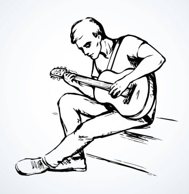 Yetişkin insan kolu parmağı bant tonu oluşturur. Siyah çizilmiş yetenekli çocuk ukulele fret boyun gevşetici çizgi işareti simgesi tasarımı retro doodle country çizgi film tarzı. Yakın görünüm sahne beyaz metin alanı