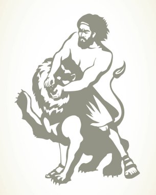 Cesur kolezyum arenası savaş sakallı Yahudi erkek insan savaşçısı güçlü dev Yahudi Leo çene efsanesi simgesine karşı. Siyah ana hatlar İsrail 'in geçmişi. İncil' deki inanç hikayesi. Sanat, beyaz çizgi, vektör tarzı.