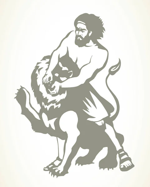 勇敢的竞技场 男性人类战士的力量对抗强大而愤怒的巨人 犹太人的下巴神话符号图标 以色列神圣经上的信仰故事艺术白线矢量风格 — 图库矢量图片