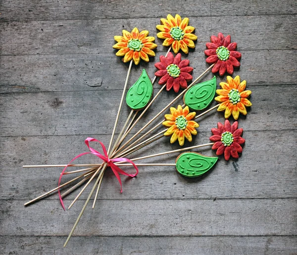 Bouquet Gingerbread Flowers Rustic Wooden Background Gift Idea — Stock Photo, Image