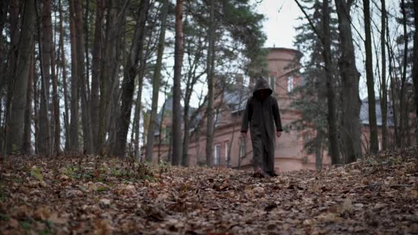 Mysterieuze Monnik Tovenaar Capuchon Wandelingen Gooien Herfst Bos Van Middeleeuwse — Stockvideo