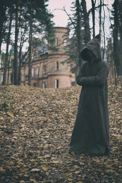 Misterioso monje, mago o adepto de la sociedad secreta en bata encapuchada se levanta en el bosque sobre el fondo del castillo o monasterio medieval . Imagen de archivo