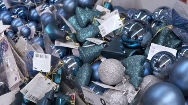 Person Choosing Trendy Blue Color Christmas Tree Toy Fir Tree — Stock Video