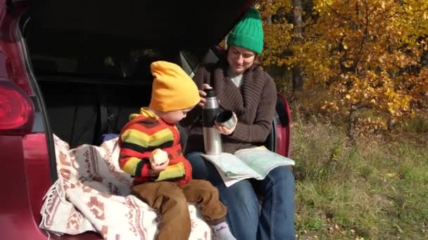 Familie Picknick Buiten Road Trip Het Najaar Seizoen Moeder Zijn — Stockvideo