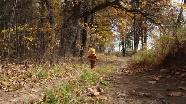 Ute Niño Pequeño Corre Encontrarse Con Padre Camino Rural Bosque — Vídeos de Stock