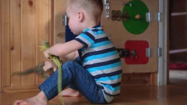 Lindo Niño Pequeño Jugando Con Dinosaurio Juguete Cocodrilo Fondo Del — Vídeo de stock