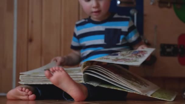 小さな子供の男の子は子供のおとぎ話の本のページを通って反転し 大きな関心を持って写真を見ています 子供の素足に集中しろ — ストック動画