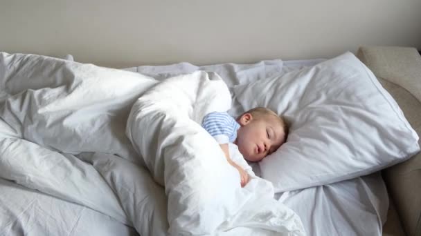 青いパジャマのかわいい面白い子供の男の子は朝起きてベッドに座って毛布の下に再び隠れる — ストック動画