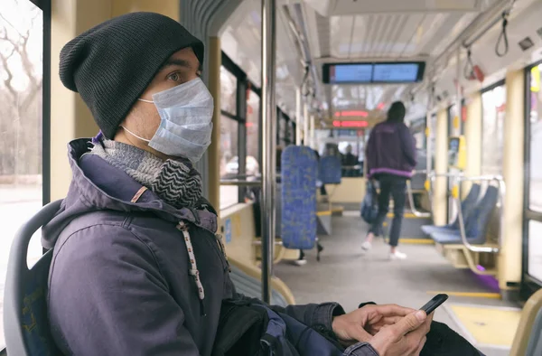 Adult Man Medical Protective Mask Gloves Public Transport Tram Using — Stock Photo, Image