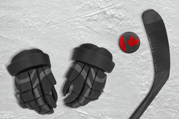 Canadian puck, stick and gloves — Stock Photo, Image