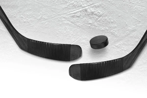 Hockey puck and stick two black ice — Stock Photo, Image