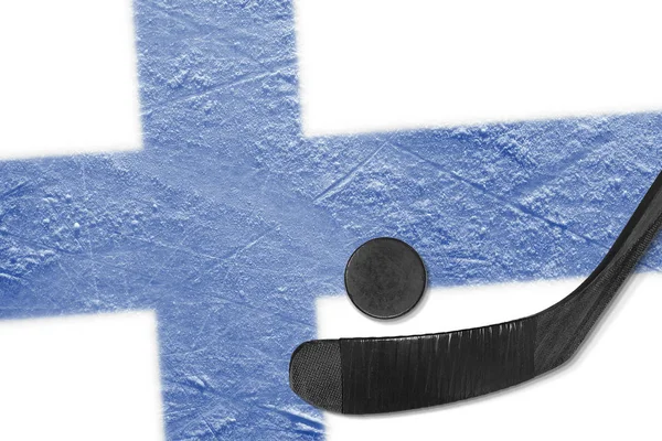 The Finnish flag and the hockey stick with the puck — Stock Photo, Image