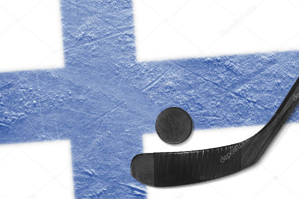 The Finnish flag and the hockey stick with the puck