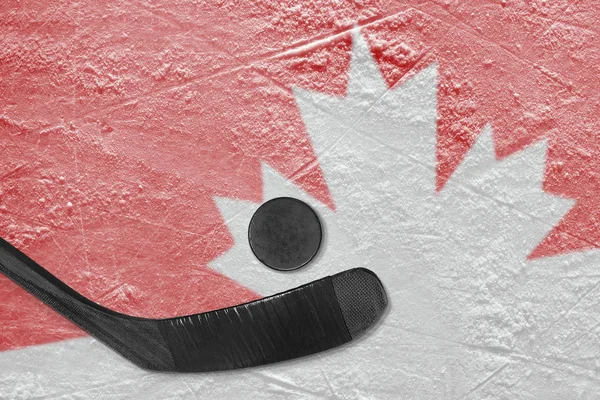 Canadian symbol and hockey stick with washer