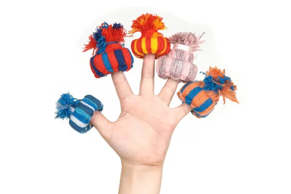 Toy crocheted hats, put on fingers — Stock Photo, Image