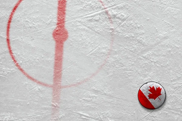 Fragmento de la arena de hockey con marcas y el disco canadiense —  Fotos de Stock