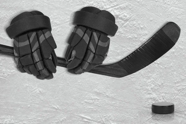 Hockey Accessories on Ice Arena — Stock Photo, Image