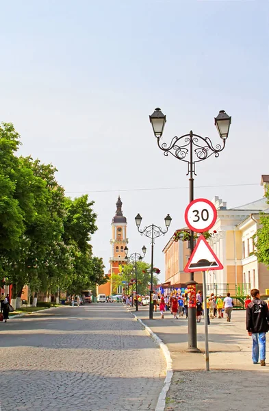 The centre of Kamianets-Podilskyi city in the morning. Kamianets-Podilskyi was first mentioned in 1062 as a town of the Kievan Rus' state — Stock Photo, Image