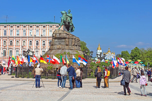 Monument of Bohdan Khmelnitskiy in fan zone for international song competition Eurovision-2017 on Sofia square in Kyiv