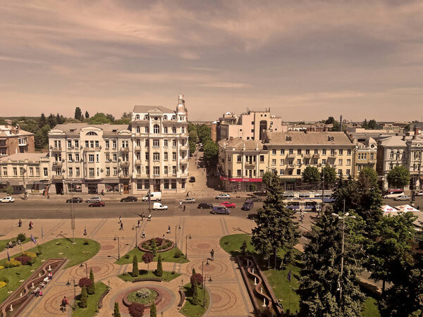 View of Soborna square and former hotel "Savoy" (1912), now it is the hotel "Ukraine", Vinnytsia, Ukraine. Vintage filter