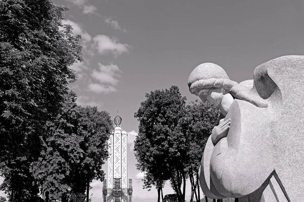 Monument to the millions of victims of the Great Famine in 1932-1933 in Kyiv, Ukraine. Black and white filter