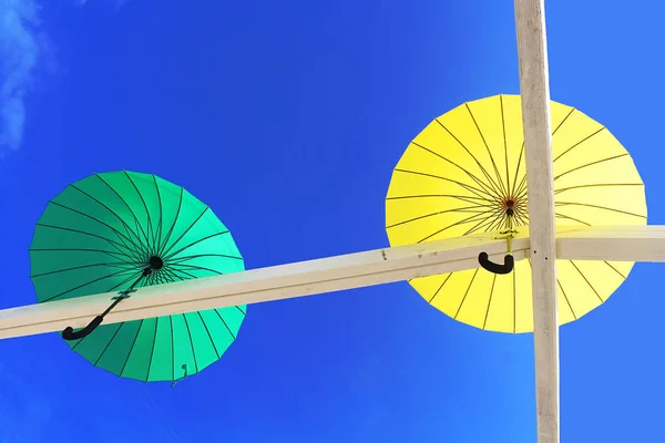 Bright umbrellas decoration in fan zone for international song competition Eurovision-2017 on Sofia square — Stock Photo, Image