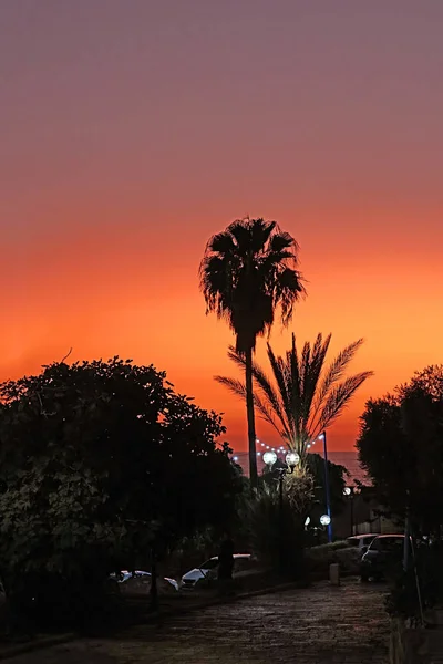 Beautiful sunset near the embankment in stone old city Jaffa in Tel Aviv at night, Israel — Stock Photo, Image