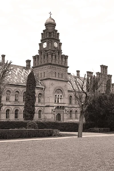 Residence of Bukovinian and Dalmatian Metropolitans, now part of Chernivtsi University. Yuriy Fedkovych Chernivtsi National University. Chernovtsi, Europe. Black and white filter