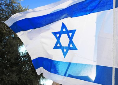 İsrail bayrağı. Beyaz ve mavi renkleri. Gökyüzü karşı sallayarak İsrail bayrağı