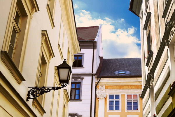 Top view of old buildings on the street of Bratislava, Slovakia.