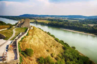 Ruins of Devin castle and Dunabe river near city Bratislava, Slovakia. On the other side of Dunabe river is Austria clipart