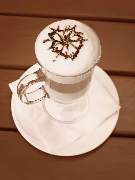 Latte Macchiato Flower Latte Art Nice Foam Glass Cup Stylish — Stock Photo, Image