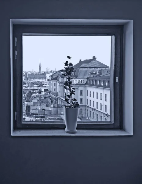 花瓶と窓 スウェーデン ストックホルムの鉄道駅の窓からの眺め トレンディーなトーニング — ストック写真