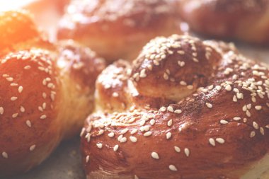 Sabahın erken saatlerinde susam tohumlu taze burulmuş çörekler. Sabah güneşi