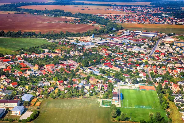 Vue Dessus Village Terrain Agricole Terrain Football Près Bratislava Slovaquie — Photo