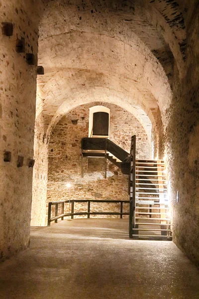 Corridor and stairs in the basement in the Red Stone castle Slovak: Hrad Cerveny Kamen nearby the settlement called Pila in Slovakia, Europe