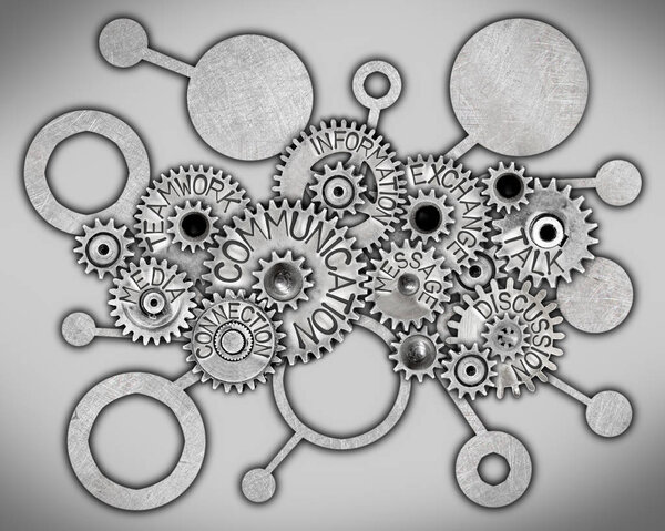 Network icon and tooth wheel mechanism with COMMUNICATION concept related words imprinted on metal surface