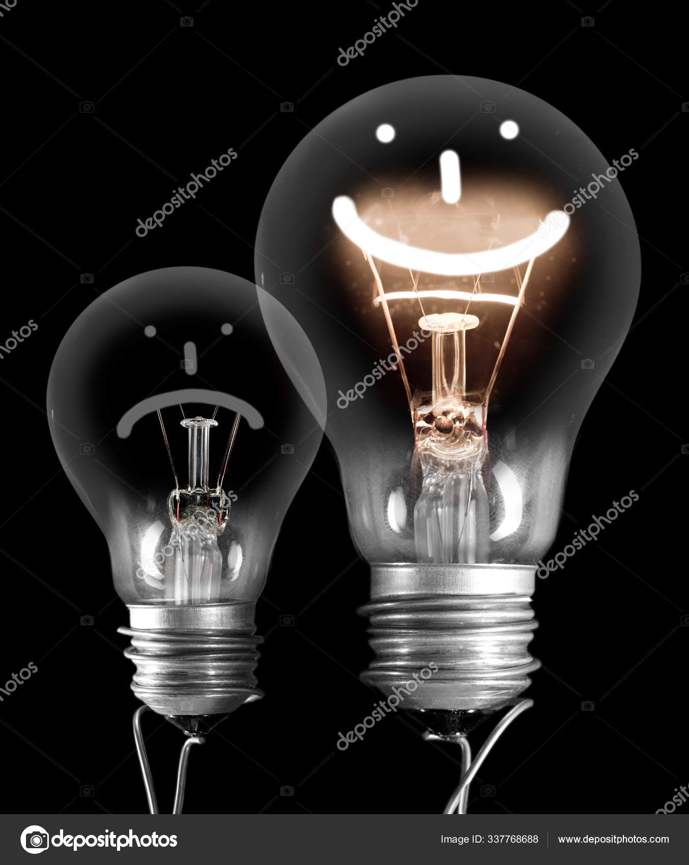 Dark and Shining Light Bulbs with Positive and Negative Emotion Stock