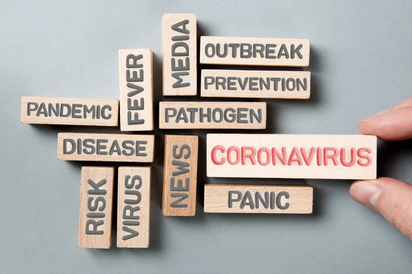 Wooden Blocks Coronavirus Concept Related Words Being Held Human Hand — Stock Photo, Image