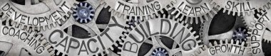 Metal yüzeye yazılan, Kapasite, Yetenek, Eğitim, Geliştirme ve Destekleme kelimeleriyle diş tekeri mekanizması grubu.