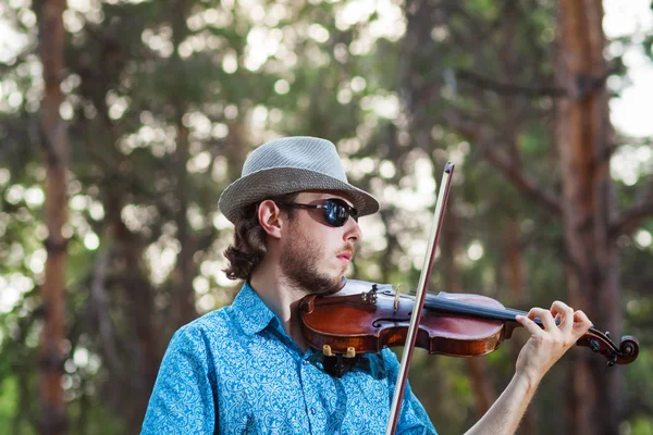 Músico tocando el violín en el bosque — Foto de Stock