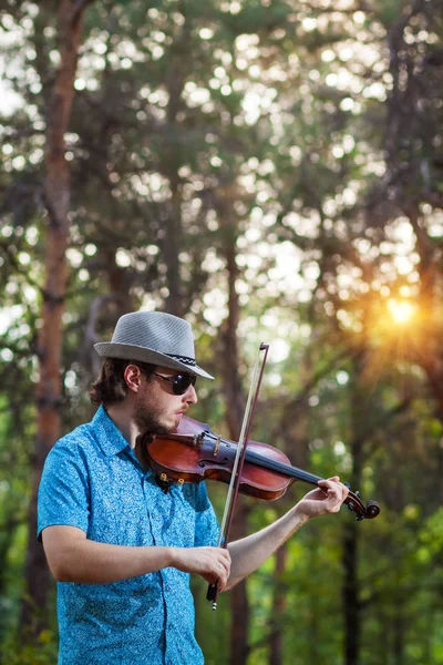 Violinista tocando el violín en el bosque — Foto de Stock