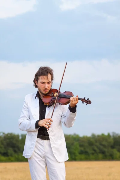 Violinist playing the violin in the field — Stock Photo, Image