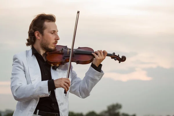 Professional violinist in profile outdoors