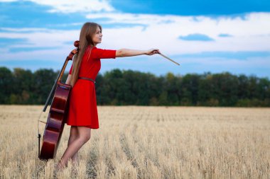 Güzel kadın profesyonel müzisyen, açık havada çello çalan kırmızı elbiseli.