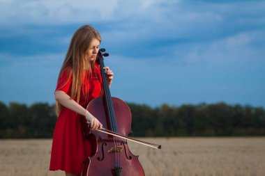 Güzel kadın profesyonel müzisyen, açık havada çello çalan kırmızı elbiseli.
