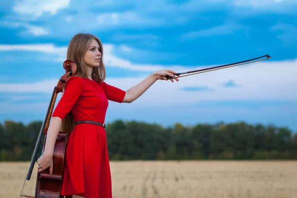 Mujer Hermosa Músico Profesional Vestido Rojo Con Violonchelo Aire Libre — Foto de Stock