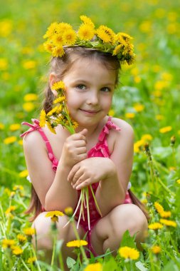 Küçük kız çayırda karahindiba ile oynuyor.