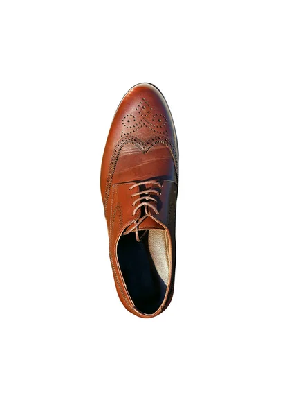 Bruine Leren Schoenen Met Perforatie Witte Achtergrond Bovenaanzicht — Stockfoto